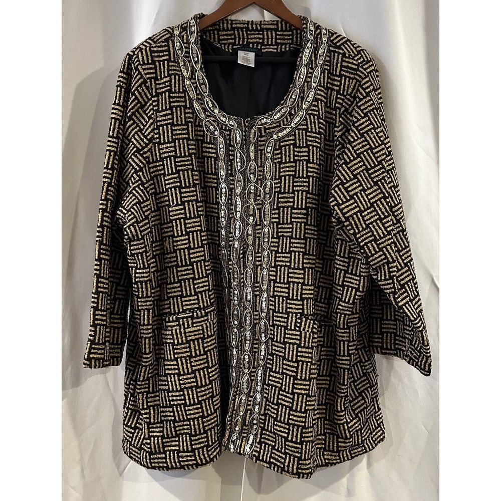 ULLA‎ POPKEN Unique tan black print gold sequins design Blazer Jacket Size 28/30